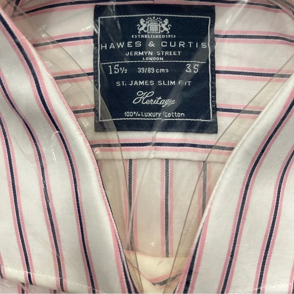 Hawes and Curtis Pink/Navy stripe dress shirt Sz 15.5 - Picture 4 of 7